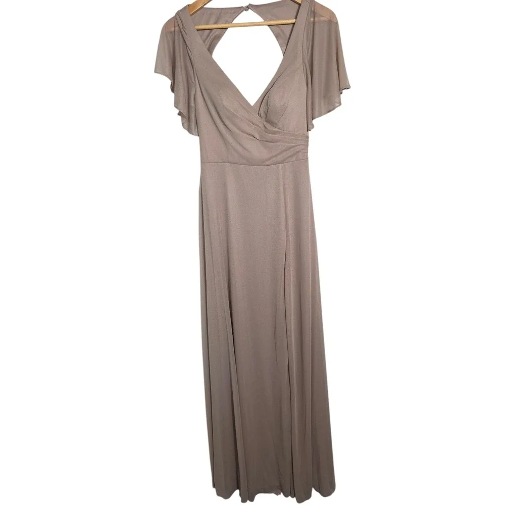 Azazie Indie Taupe Maxi Dress A6 Bridesmaid Formal Flutter Sleeve - Picture 2 of 14